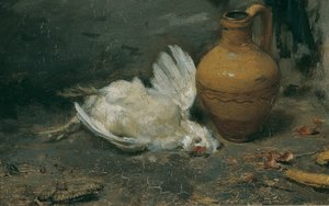 Stilleben med en död kyckling och en kanna
