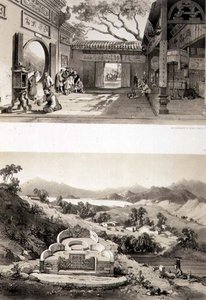Interiör av det stora templet i Macao och en grav och by mellan vikarna Hongkong och Cowloon, planscherna 8 och 7 från "Sketches of China", graverad av Eugene Ciceri (1813-90) 1842 (tonad litografi)