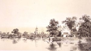 Tempel, pagod och by på Macao-Canton Canal, skylt 22 från 