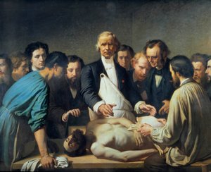 Doktor Alfred Velleau (1795-1867) på Charity kommer att gå vidare till en obduktion. En läkare omgiven av sina elever som är beredda att ingripa på ett lik. Målning av Francois Feyen Perrin (1826-1888). 1800-talet. Tours musee des Beaux Arts - Alfred Velpe av Auguste (after) Feyen Perrin