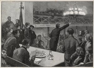 Möte för strejken i Vooruit 1885 - gravyr 1885 "Le monde illustrious" - teckning av Gerardin av Auguste (after) Gerardin