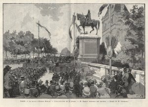 Paris - - Tal av Mr. Darlot under invigningen den 15 juli 1888 på Hotel de Ville de Paris av statyn av Etienne Marcel - Teckning av Gerardin i "The Illustrous World" 1888 av Auguste (after) Gerardin