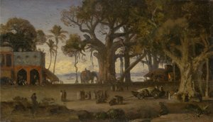 Månbelyst scen med indiska figurer och elefanter bland Banyanträd, Övre Indien (förmodligen Lucknow)