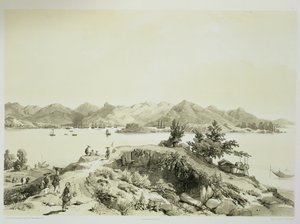 Hongkongs bukt och ö, tavla 4 från "Sketches of China", graverad av Eugene Ciceri (1813-90) 1842 (tonad litografi)