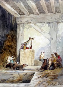 Illustration av fabeln "Råttornas råd" av Jean de La Fontaine. Akvarell av Auguste Delierre (1829-c.1890)