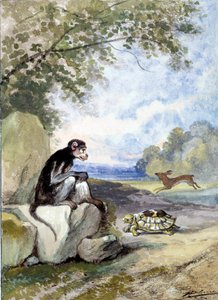 Illustration av fabeln "Haren och sköldpaddan"" av Jean de La Fontaine. Akvarell av Auguste Delierre (1829-c.1890)
