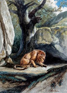 Illustration av fabeln "Lejonet och råttan"" av Jean de La Fontaine. Akvarell av Auguste Delierre (1829-c.1890)