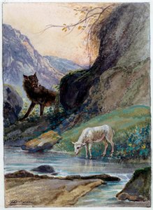 Illustration av fabeln "Vargen och lammet" av Jean de La Fontaine. Akvarell av Auguste Delierre (1829-c.1890)
