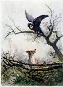 Räven och kråkan. Illustration av fabeln av Jean de La Fontaine (1621-1695)