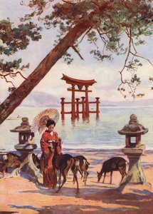 Torii vid Miyajima, Japan (färglitografi)