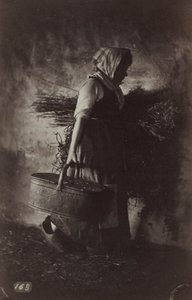 Kvinnlig bonde som bär en korg och hö, ca. 1870.