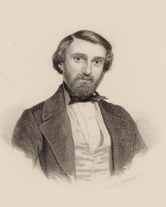 Porträtt av kompositören Giuseppe Verdi 1813-1901, ca. 1850. av Auguste Hüssener