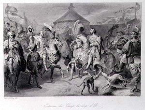 Mötet på guldtygets fält, 24 juni 1520, graverat av Millin (gravyr) av Auguste Hyacinthe (after) Debay