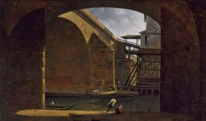 Notre-Dame-bron och pumpen, sett från den välvda Quai de Gesvres, 1816 (olja på duk) av Auguste Jacques Regnier