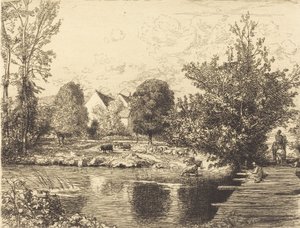 Gammal gångbro, Banks of the Small Morin Vieille passerelle, bords du petit morin, 1915. av Auguste Lepere