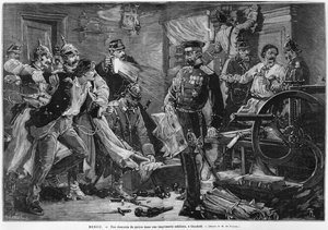 Rysk polis upptäcker ett nihilistiskt tryckeri i Charkoff, från "Le Monde Illustre", februari 1881.