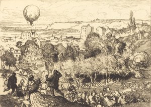 Den fallande ballongen, i Pre-Saint-Gervais Lebaloon qui grav, vid Pre-Saint-Gervais, 1910. av Auguste Lepere