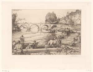 Vy över Pont Marie med figurer i Seine L