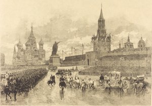 Tsarens kröning. Imperial Cortège korsar Place Royale av Auguste Lepère and Auguste Gérardin