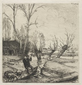 [Man i en båt med tre får] av Auguste Louis Lepère