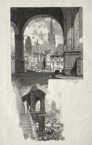 Illustrerad Rouen: Place de la Haute Vieille Tour; Aedicule of Pride av Auguste Louis Lepère