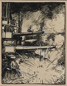 Bomb exploderar på en kuras med kanoner riktade, 1914. av Auguste Louis Lepère