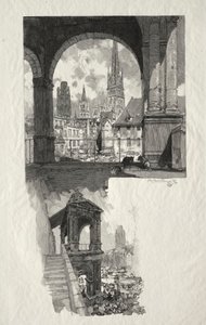 Illustrerad Rouen: Place de la Haute Vieille Tour; Aedicule of Pride av Auguste Louis Lepère