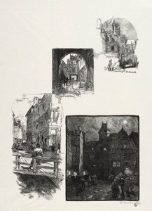 Illustrerad Rouen: Rue des Charretes; Halage Street; Rue Eau de Robec; Konsttorget av Auguste Louis Lepère