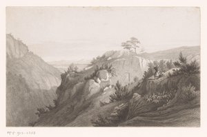 Bergslandskap med en figur uthuggen i klipporna av Auguste Numans (attributed to)