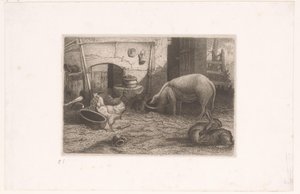 Gris, höns och kaniner i en lada av Auguste Numans (attributed to)