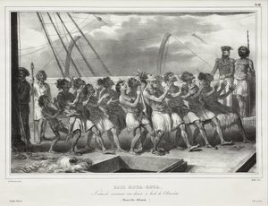 Houa-Houa-bukten, infödda som utför en dans ombord på Astrolabe (Nya Zeeland), [Uawa/Tolaga Bay, Natives Performing a Haka on Board the Astrolabe (New Zealand)]