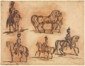 Fem ryttarstudier: kavallerier, mitten av 1800-talet. av Auguste Raffet