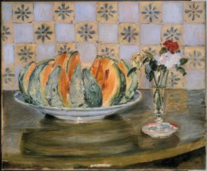 Stilleben med melon och blomvas