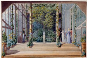 Ett besök i det varma växthuset i slottet Malmaison Aquarelle av Auguste Garneray (1785-1824) 1823 Sön. 0,16x0,24 m Malmaison, musee du chateau