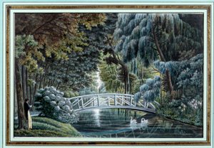 Utsikt över träbron över floden till vänster om slottet Malmaison Watercolor d