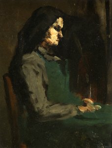 Kvinna med ett grönt förkläde (olja på kartong) av Auguste Theodule Ribot