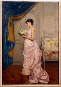 Sweet Ticket En ung kvinna läser ett kärleksbrev från en beundrare med en bukett blommor. Målning av Auguste Toulmouche (1829-1890) 1883 Sön. 0,66x0,45 m Nantes, musee des Beaux Arts