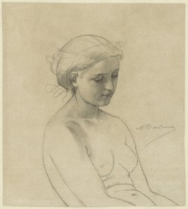 Sittande kvinnlig naken, i tre fjärdedelar till höger, halvlängd av Auguste Toulmouche