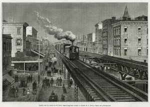 Dubbelspår av Airline Railway på Seventh Avenue, New York, New York. Edouard de Laveleye, 1878-1879, publicerad i Tour du monde, under ledning av Edouard Charton (1807-1890)