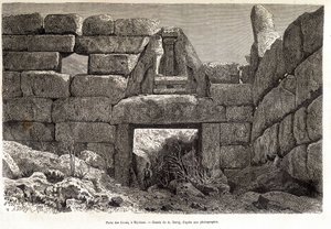Lejonporten i Mykene - teckning av A. Deroy, i "" Jorden runt"" 1877 andra terminen