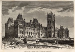 Palace of Parliament i Ottawa, byggt mellan 1859 och 1876, graverat efter en teckning av A.Deroy, som illustrerar utflykten till Kanada och Röda floden i norr, av H. De Lamotte 1873, publicerad i "" Le tour du monde””” 1875, redigerad av Edouard