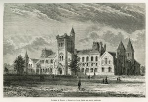University of Toronto, teckning av A.Deroy, för att illustrera historien om en utflykt till Kanada och Northern Red River 1873 av H. de Lamotte. Gravyr i Le tour du monde av Auguste Victor Deroy