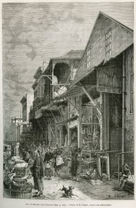 Street of the Marche i San Francisco, som avslöjar närvaron av ett viktigt kinesiskt samhälle, en premiss för en framtida chinatown. Gravyr efter A.Deroys teckning, för att illustrera historien La conquete blanche, av William Hepworth Dixon, 1875, pu
