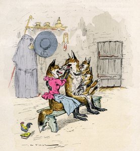 Illustration av A. Vimar till romanen de Renart (rävens roman), upplaga Henri Laurens 1800-tal - räven Goupil och Hermeline, hans fru, hem, med sina barn de små rävarna -