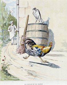 Falken och kaponen i "" Fables of La Fontaine, ill. av Auguste Vimar (1851-1916), Tours, at A, Mame & Son