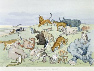 Djur som är sjuka av pest "" Les Fables de la Fontaine"", ill. av Auguste Vimar (1851-1916), Tours, at A, Mame & Son