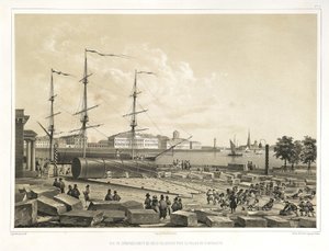 Lossning av två kolumner vid amiralitetet Från: The Construction of the Saint Isaacs Cathedral, 1845 av Auguste de Montferrand