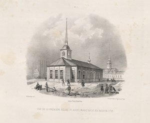 Vief av den första första St. Isaacs-kyrkan 1710 Från: The Construction of the Saint Isaacs Cathedral, 1845