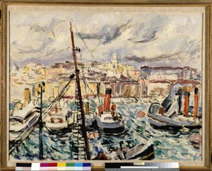 Bogserbåtar i hamnen i Marseille (målning) av Augustin Carrera