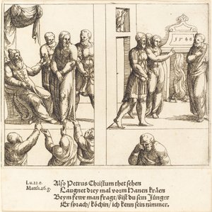 Kristus före Kaifas och Peter förnekar Kristus, 1548. av Augustin Hirschvogel